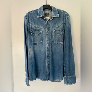 G Star Raw Mens Size Large Shirt Western Snap Long Sleeve Denim Distressed EUC
